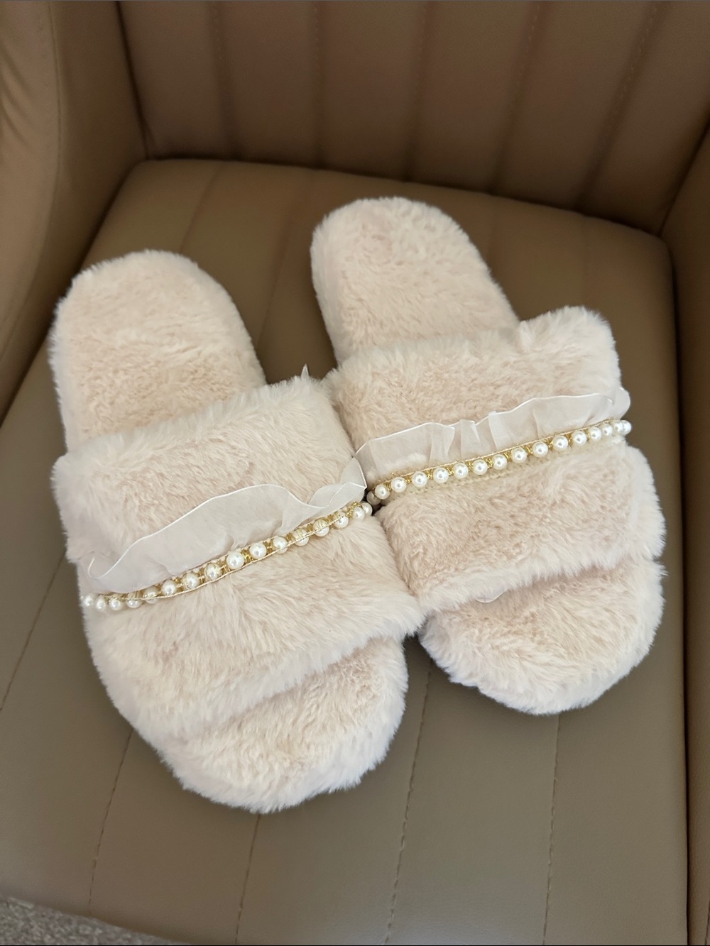Target Cream Faux Fur Pearl-Trim Slide Slippers - Women